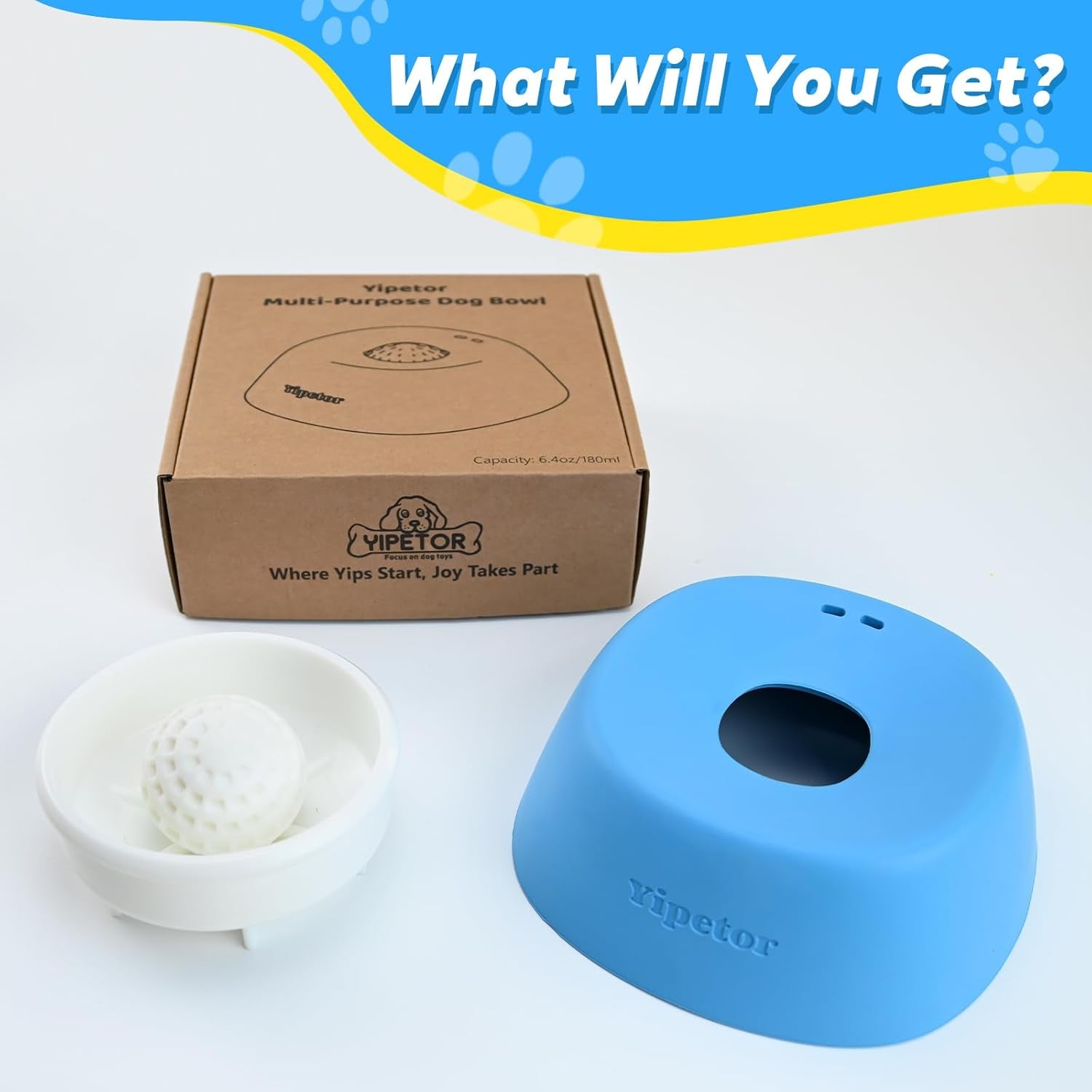 Slow Feeder Dog Bowls for Liquid Treat, Anti-Slip【Entertained Ball-In】 Bone Broth Dog Lick Bowl, 3/4 Cup Yogurt Pup Lick Toy for Large Medium Small Breeds Dietary Supplement/Post-Op Nutrition