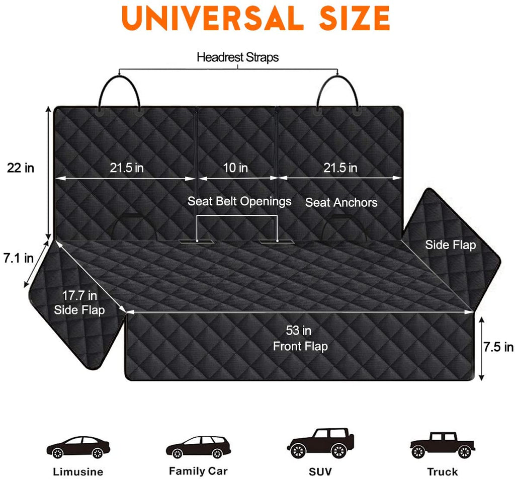 Dog Car Seat Cover - Waterproof Back Seat Protector for Pets, Non-Slip Design Fits Most Cars, Trucks, and SUVs - Black